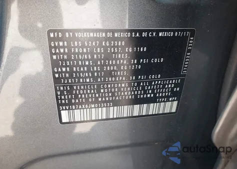 2018 Volkswagen Tiguan 2.0T S from USA, damaged, VIN 3VV1B7AX6JM013533